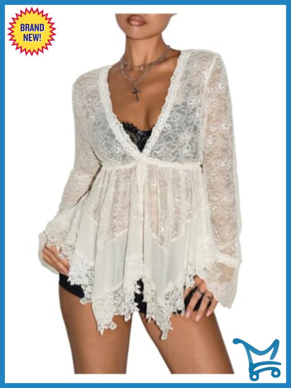Sheer Floral Lace Deep V Neck Long Sleeve Ruffle Flowy Top